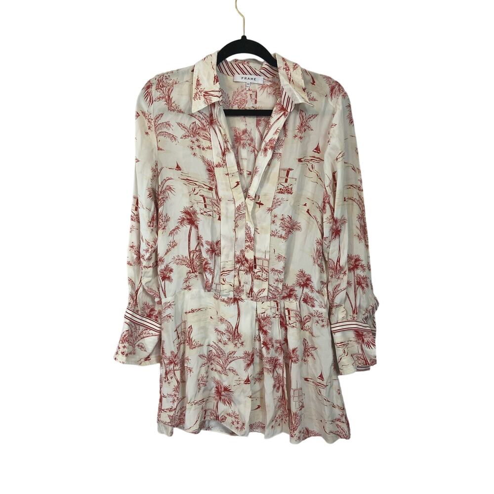 Frame Denim Cream Mini Dress with Notched Collar and Cuffed Sleeves